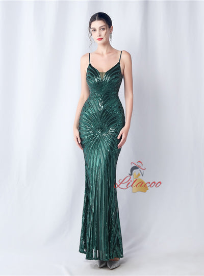 Spaghetti Straps Mermaid Sequins Prom Dress