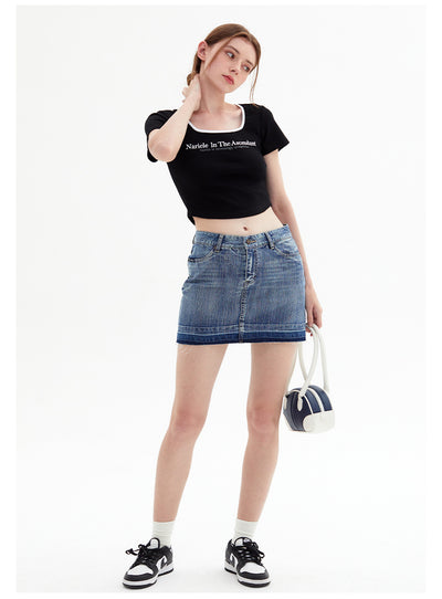 Square Collar Letter Slim Short Sleeve T-shirt