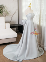 Silver Gray Strapless Bow Prom Dress