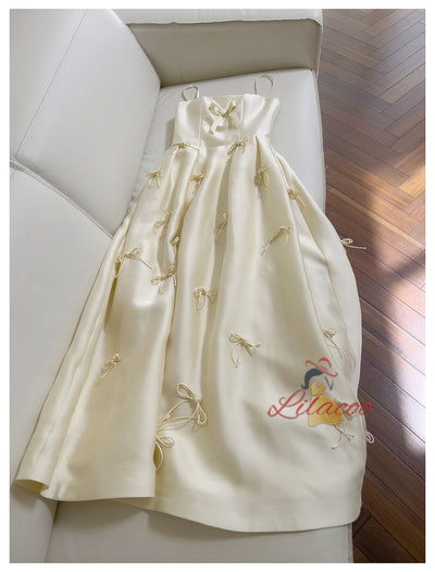 Yellow Satin Spaghetti Straps Bow Prom Dress