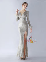 Long Sleeve Mermaid Sequins Prom Dress