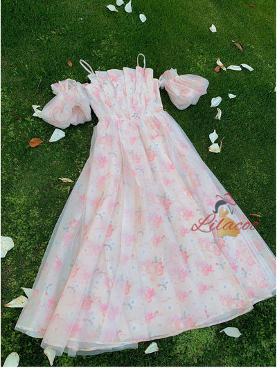 Strap Off-the-shoulder Bubble Sleeve Floral Dress