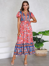 V-neck Lotus Leaf Sleeve Floral Print Long Dress