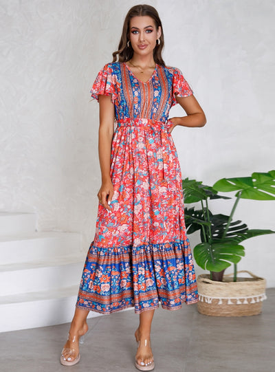 V-neck Lotus Leaf Sleeve Floral Print Long Dress