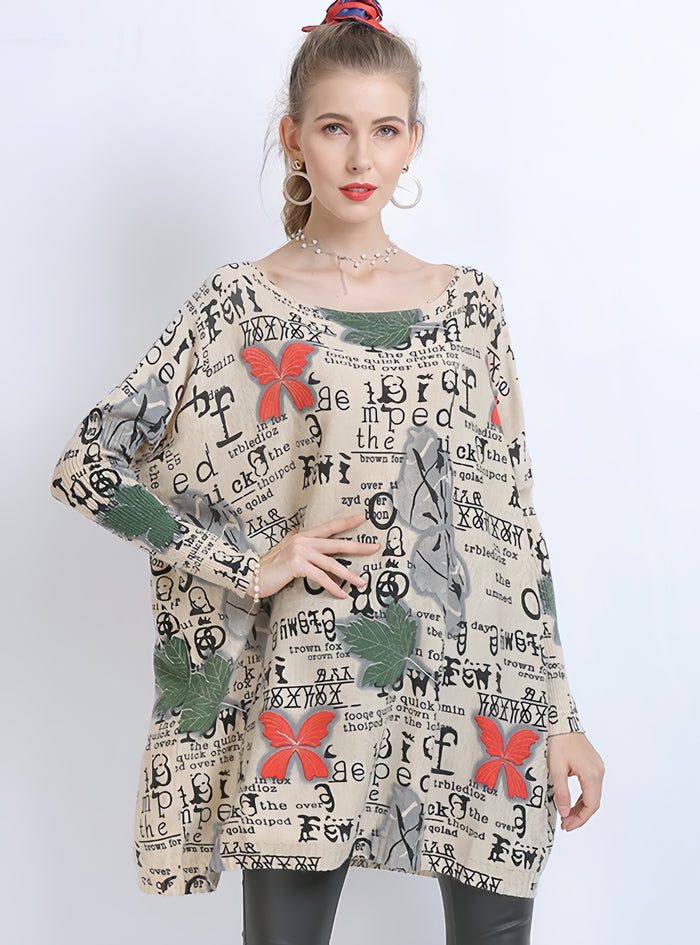 Letter Butterfly Print Loose Bat Sweater