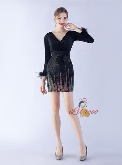 V-neck Sequins Long Sleeve Short Prom Dress