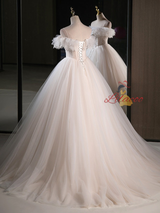 Beige Tulle Lace Spaghetti Straps Wedding Dress