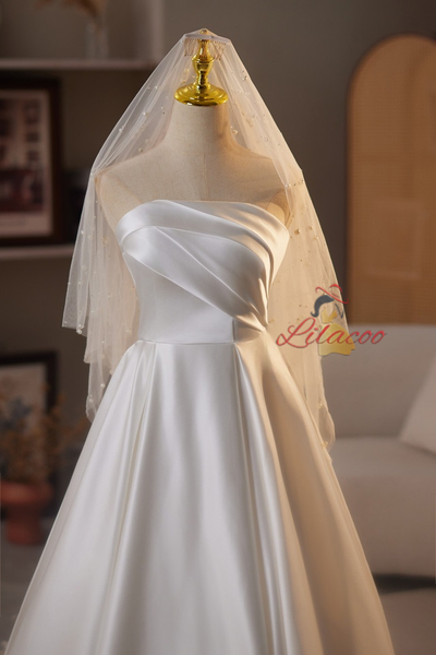 A-Line White Satin Pleats Wedding Dress
