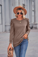Round Neck Pleated Long Sleeve T-shirt