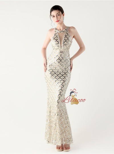 Mermaid Sequins Halter Beading Prom Dress