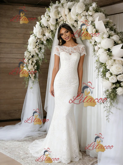 White Mermaid Lace Short Sleeve Wedding Dress