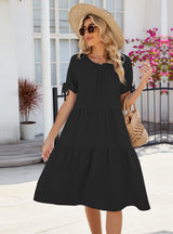 Round Neck Pleated Short Sleeve Dress