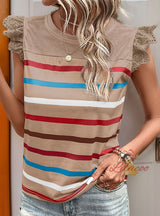 Casual Lace Lotus Leaf Sleeve Striped T-shirt