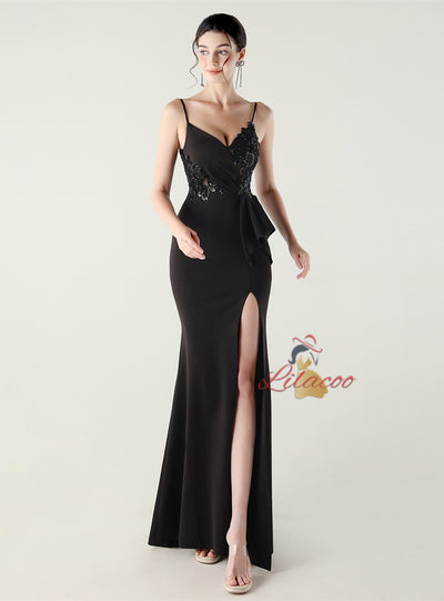 Mermaid Spaghetti Straps Sequins Split Prom Dress