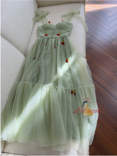 Green Tulle Cherry Pleats Prom Dress