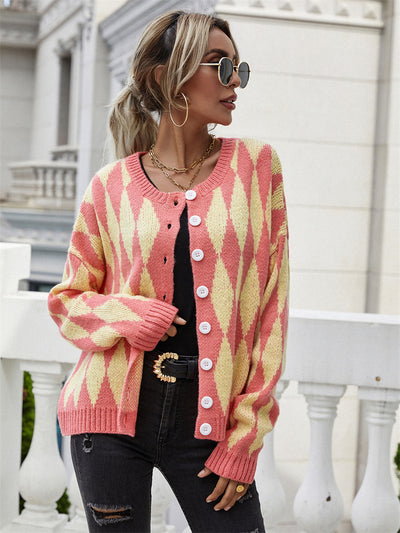 Single-breasted Printed Round Neck Sweater Coat