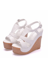 12 cm Wooden Grain Wedge Fishmouth Sandals