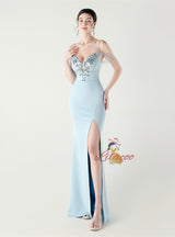 White Mermaid Spaghetti Straps Appliques Beading Prom Dress