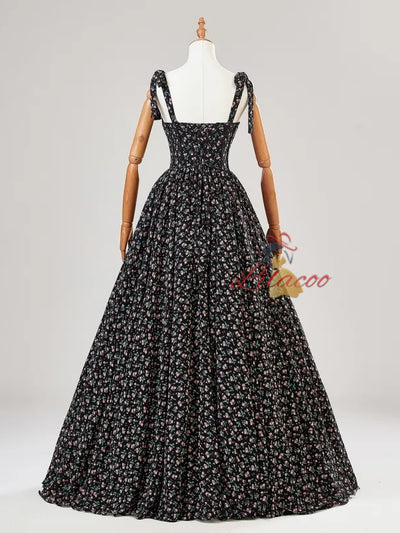 A-Line Black Spaghetti Straps Print Beading Prom Dress