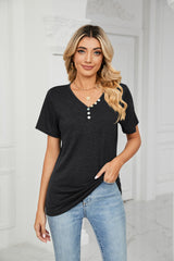 Solid Color Short Sleeve Button V-neck T-shirt