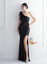 Mermaid Sequins One Shoulder Split Prom Dress