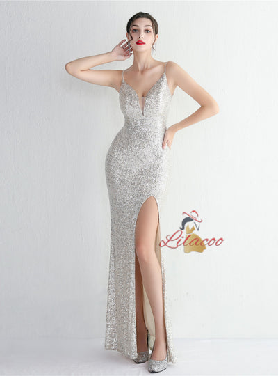 Sequins Spaghetti Straps Backless Beading Prom Dress
