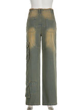 Retro Low Waist Loose Pocket Raw Edge Jeans