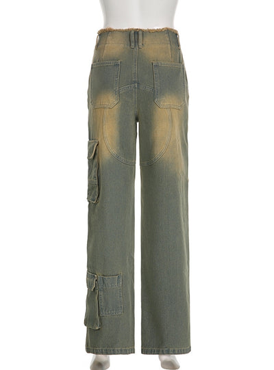 Retro Low Waist Loose Pocket Raw Edge Jeans