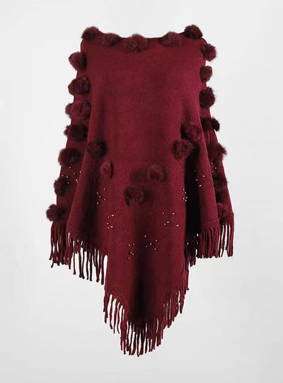 Fringed Fur Ball Round Neck Shawl Cloak