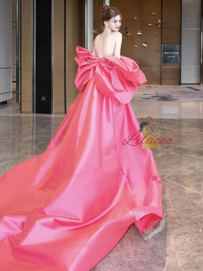 Mermaid Sequins Pink Satin Bow Prom Dress