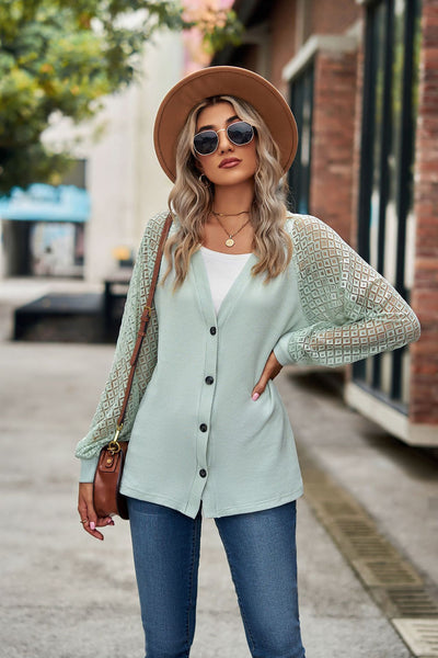 Long Sleeve Solid Color Loose Button Lace Top