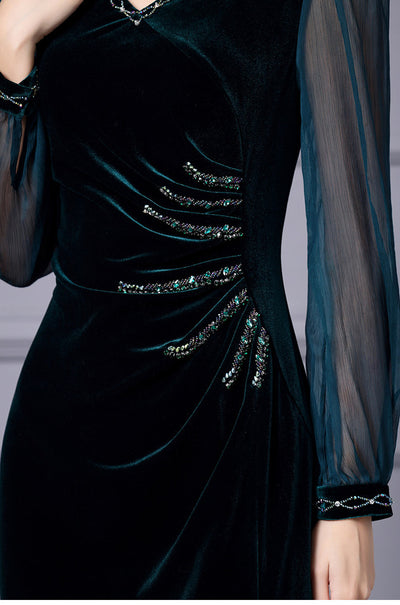 Green Velvet Pleats Beading Mother Of The Bride Dress