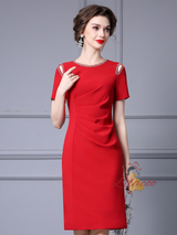 Purple Short Sleeve Beading Mother Of The Bride Dress