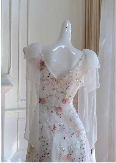 White V-neck V-neck Sequins Prom Dress