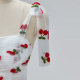 White Tulle Cherry Print Pleats Prom Dress