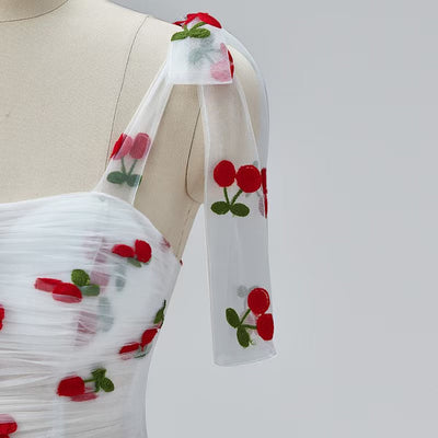 White Tulle Cherry Print Pleats Prom Dress