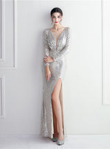 Long Seeve Mermaid Sequins Split Prom Dress