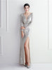 Long Seeve Mermaid Sequins Split Prom Dress