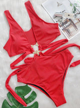 Deep V-neck Metal Strap High Waist Swimsuit