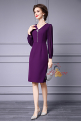 Purple V-neck Beading Long Sleeve Mother Of The Bride Dress