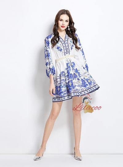 Fashion Printed Slim V-neck Lantern Sleeve Dress
