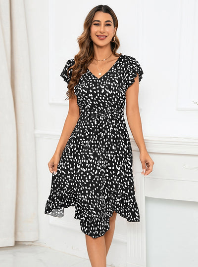 Slim-fit V-neck Short Sleeve Leopard Print Irregular Dress