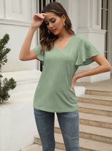 Hollow V-neck Lotus Leaf Sleeve T-shirt
