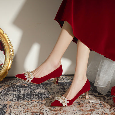 Thick-heeled Pointed Red Wedding Shoes