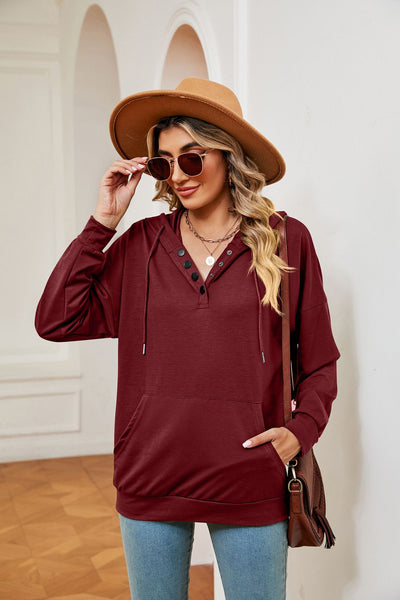 Button Drawstring Pocket Long Sleeve Top