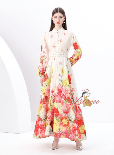 Retro Stand-up Printed Long Dress