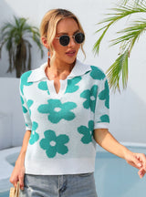 Lapel Flower Printed Short Sleeve T-shirt