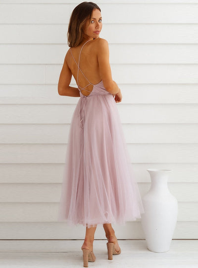 Sling Lace Up Back Gauze Short Dress