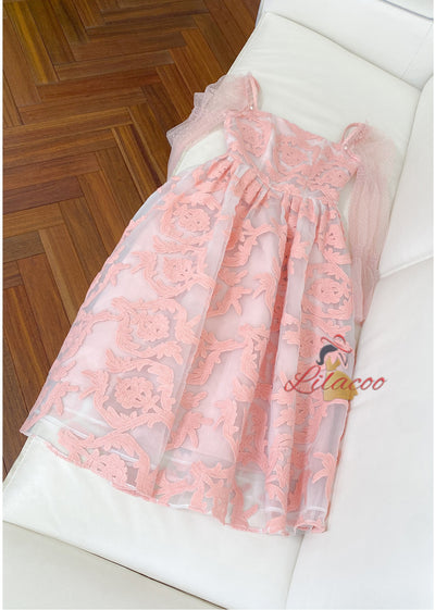 Pink Lace Long Sleeve Prom Dress