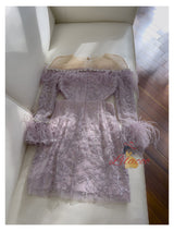 Purple Long Sleeve Lace Beading Short Prom Dress